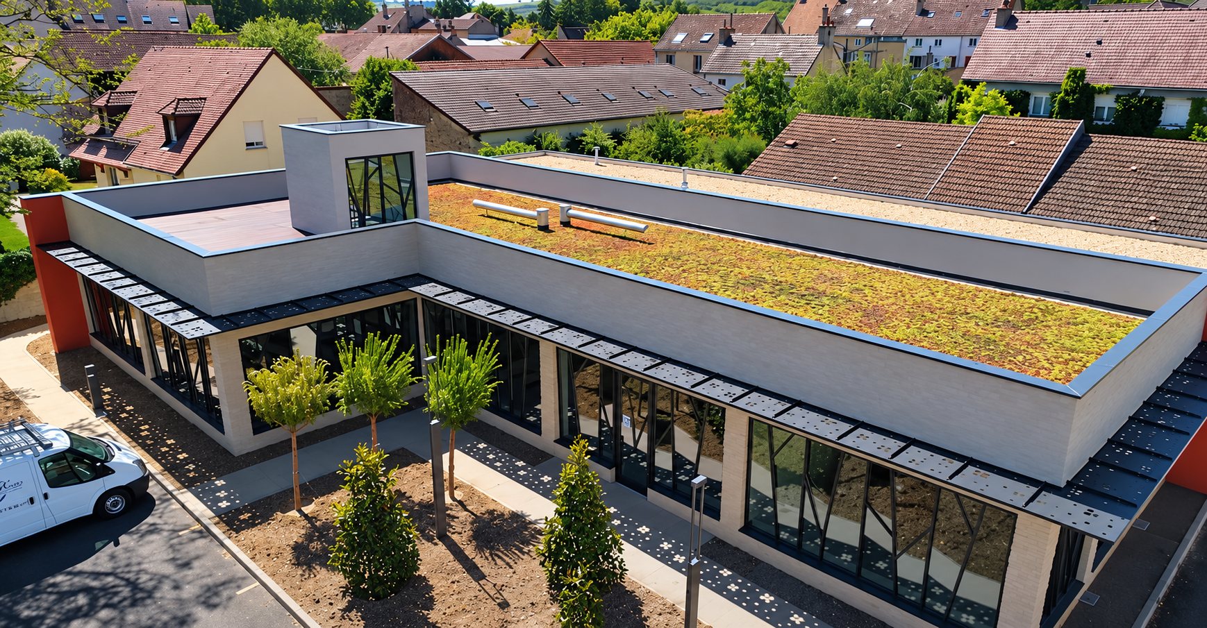Vue aérienne d'un bâtiment de plain-pied moderne doté d'une toiture végétalisée, de grandes baies vitrées et d'une camionnette blanche garée à proximité.