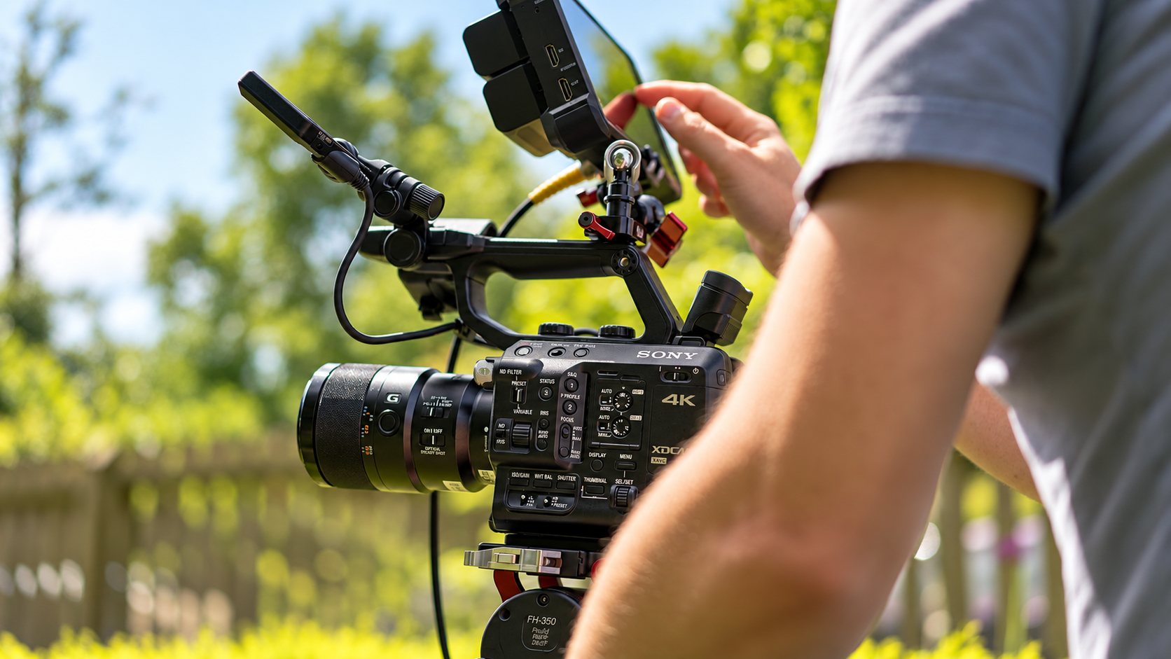 Un opérateur règle l'écran d'une caméra Sony 4K montée sur un support, avec un jardin verdoyant flou en arrière-plan.