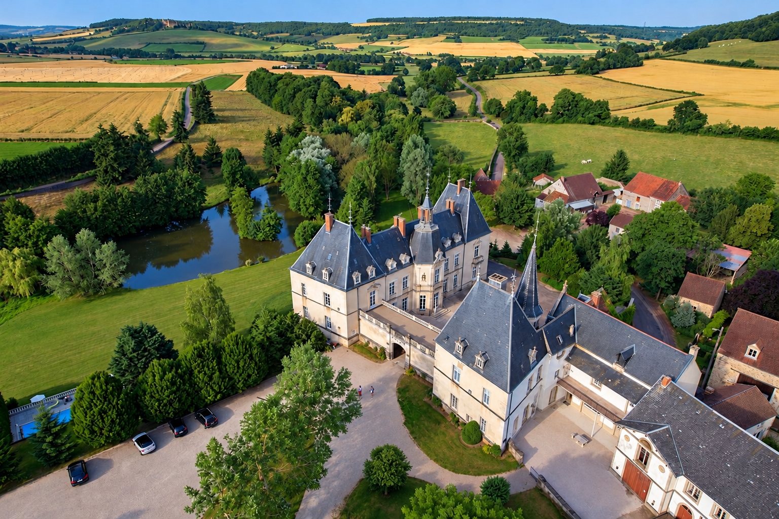 Photo prise par drone d'un château aux toits d'ardoise, bordé d'un étang, de prairies, de champs dorés et de maisons du village.