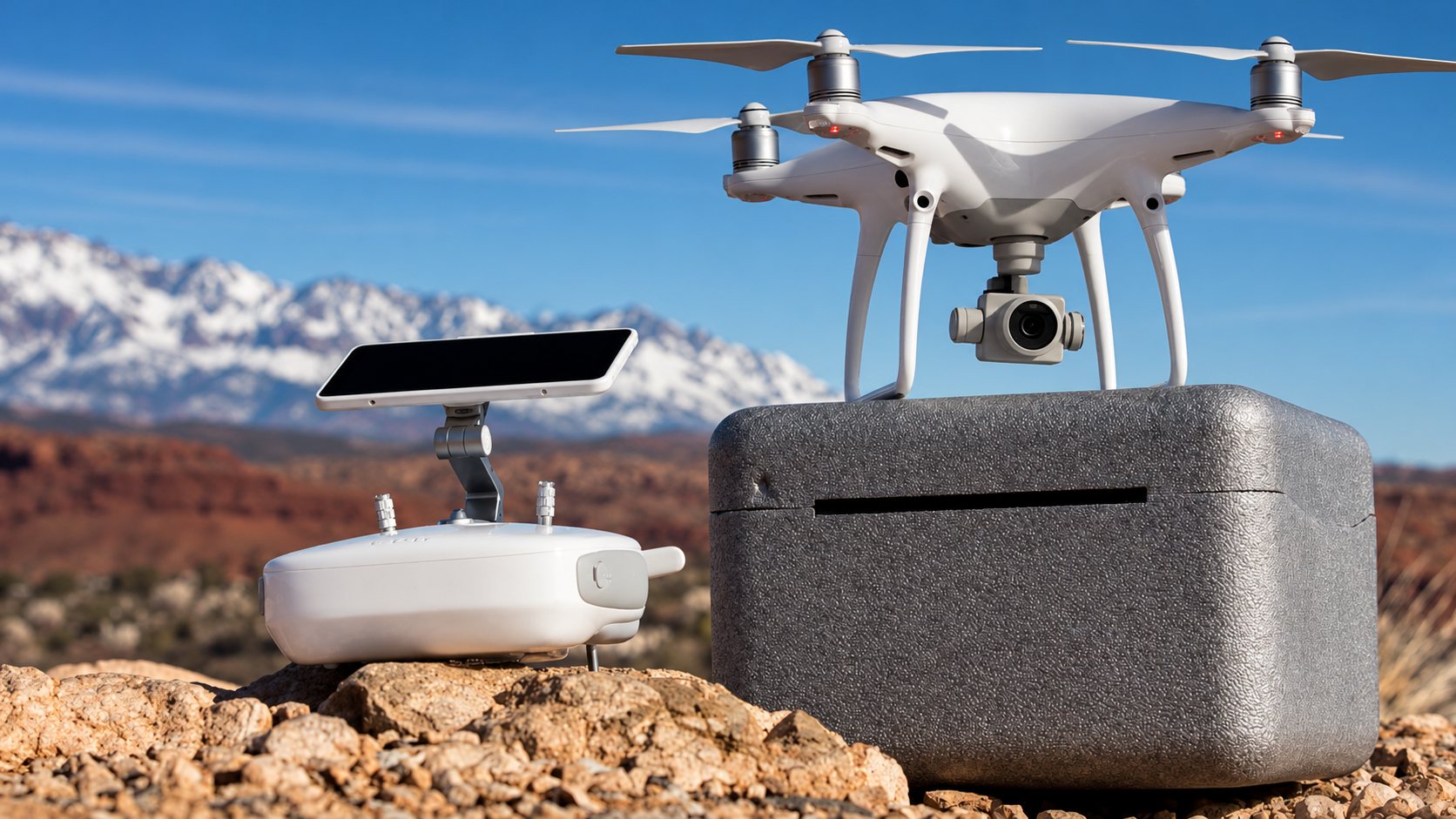 Un drone blanc à caméra est posé sur une mallette en mousse grise, à côté de sa radiocommande avec tablette, sur des rochers dans un paysage désertique.