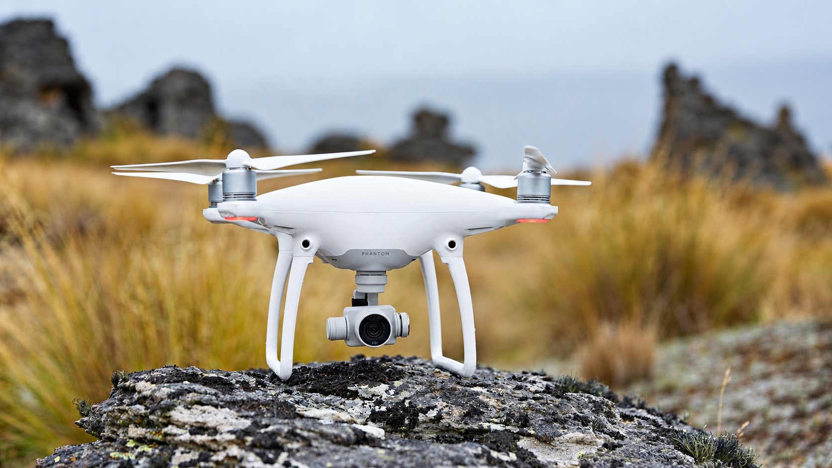 Un drone quadricoptère blanc avec caméra sur nacelle est posé sur un rocher couvert de lichen, devant des herbes dorées et des formations rocheuses floues.