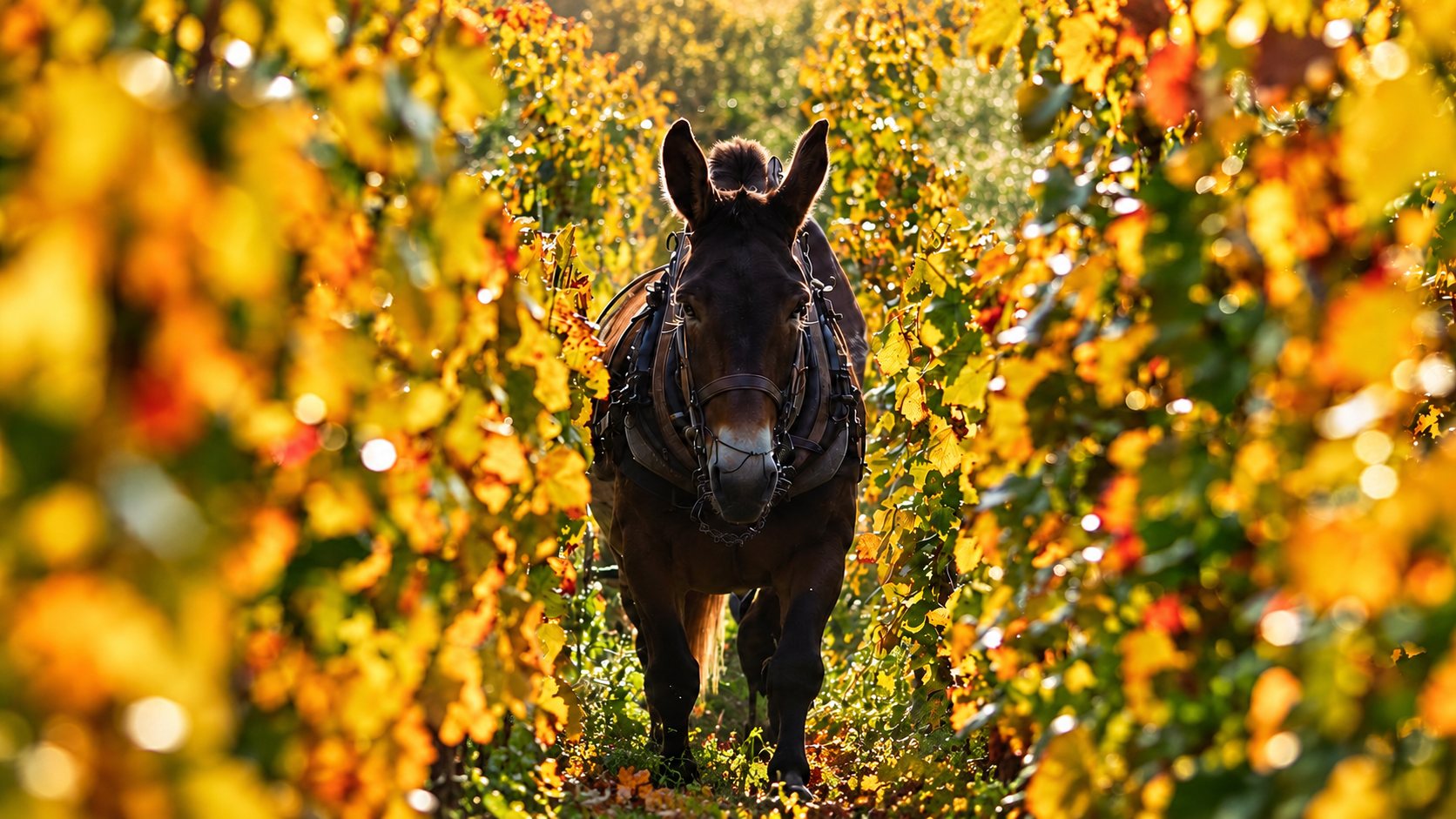 Une mule harnachée avance entre deux rangs de vigne aux feuilles dorées d'automne, éclairée à contre-jour.