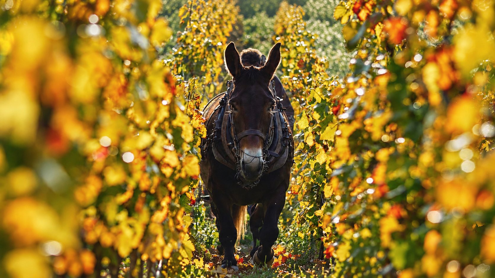Un mulet harnaché avance entre deux rangs de vigne aux feuilles jaunes et orangées, éclairé à contre-jour en automne.