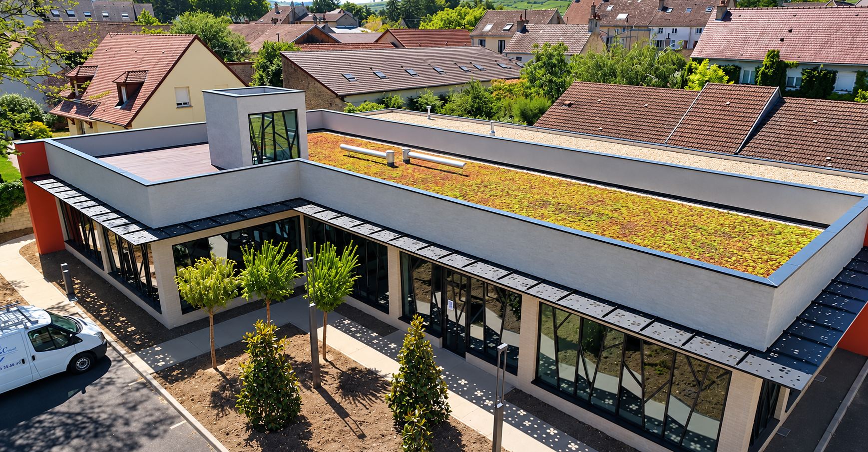 Vue aérienne d'un bâtiment moderne à toit plat végétalisé, entouré de jeunes arbres, avec une camionnette blanche garée à gauche.