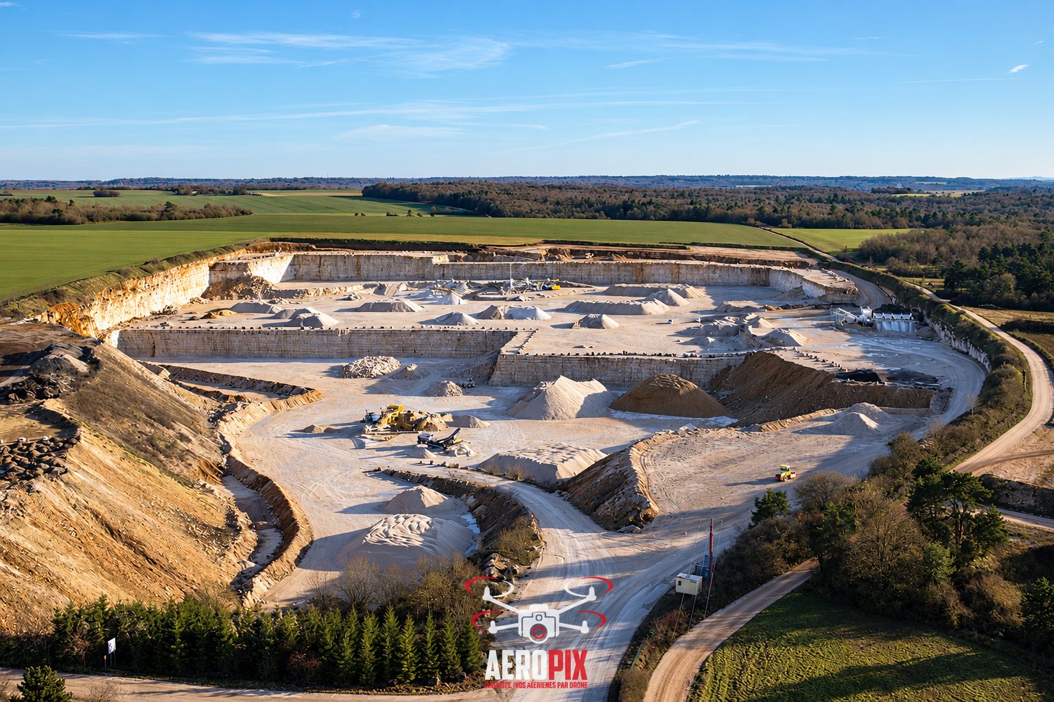 Photographie prise par drone d'une grande carrière à ciel ouvert avec des tas de matériaux et des engins, entourée de champs et de forêts.