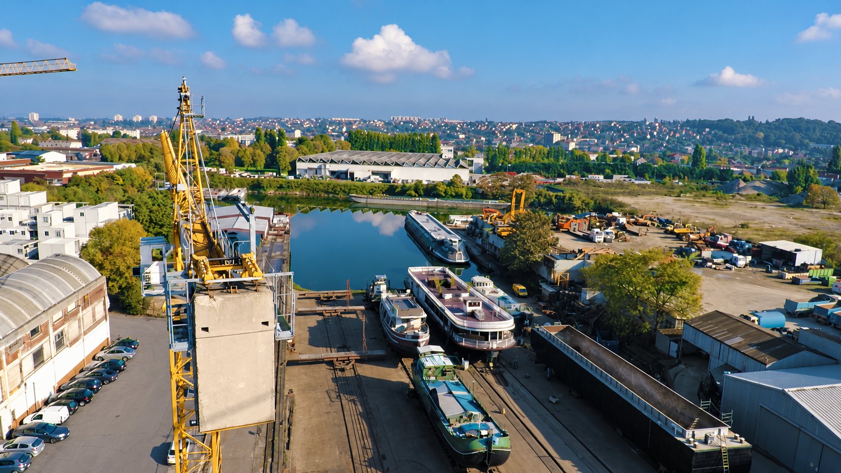 Vue aérienne d'un chantier naval au bord d'un bassin où plusieurs péniches sont amarrées près d'une grande grue jaune.