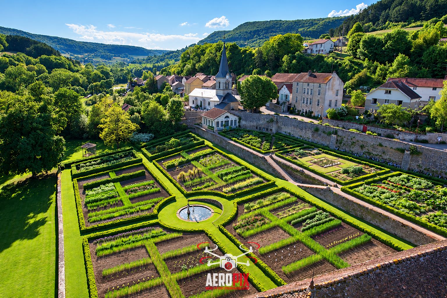 Photo prise par drone d'un jardin potager structuré par des haies de buis avec un bassin central, au pied d'un village et de son église entourés de collines boisées.