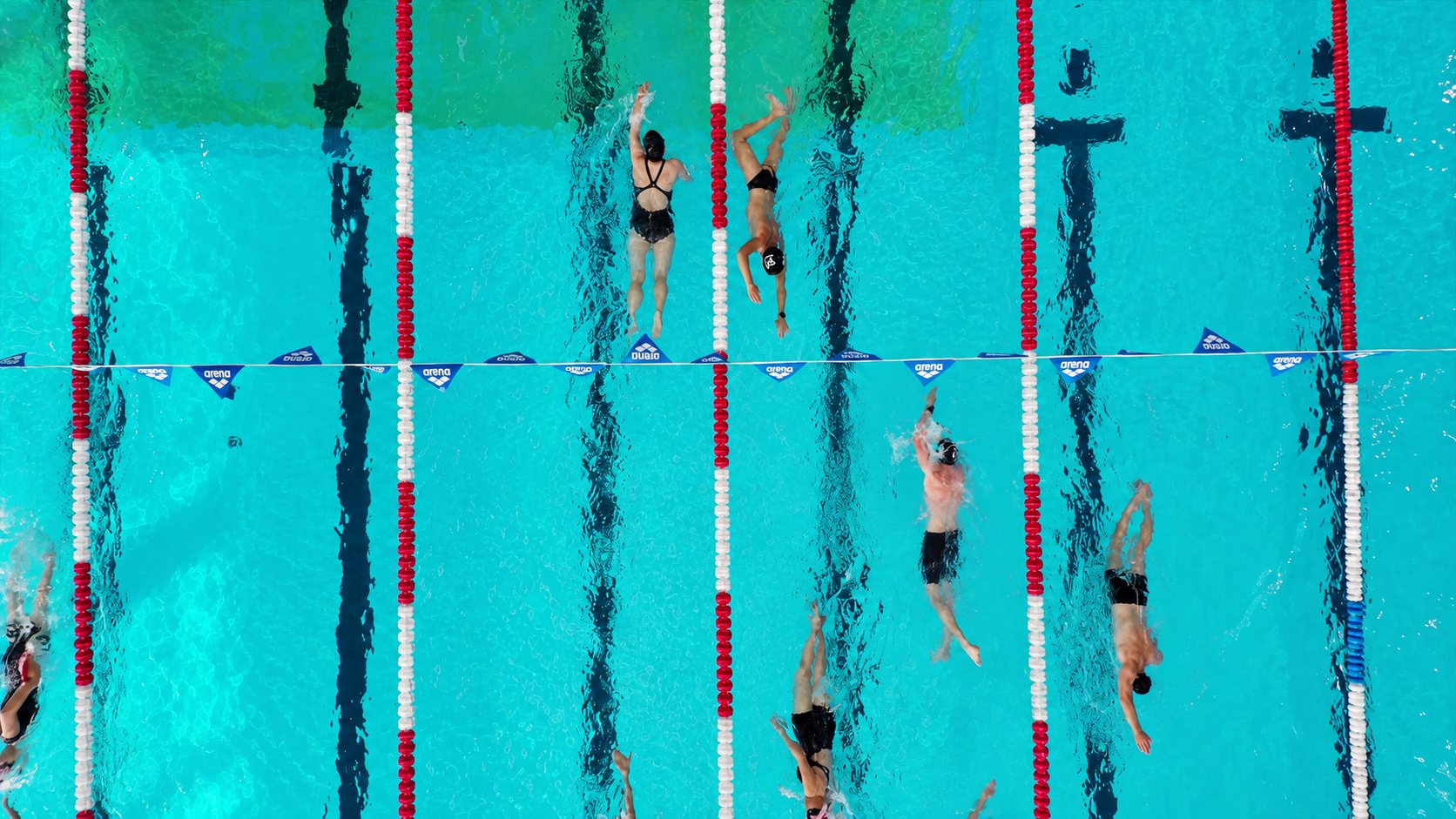 Vue du dessus de plusieurs nageurs qui s'entraînent dans les couloirs séparés par des lignes d'eau rouges et blanches d'une piscine turquoise.