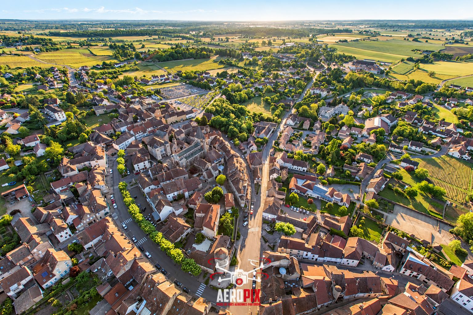 Photographie aérienne d'un village aux toits de tuiles rouges, traversé par une route et entouré de vignobles et de champs au lever du soleil.